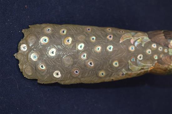 A Japanese Shibayama style ivory, mother-of-pearl and bronze peacock